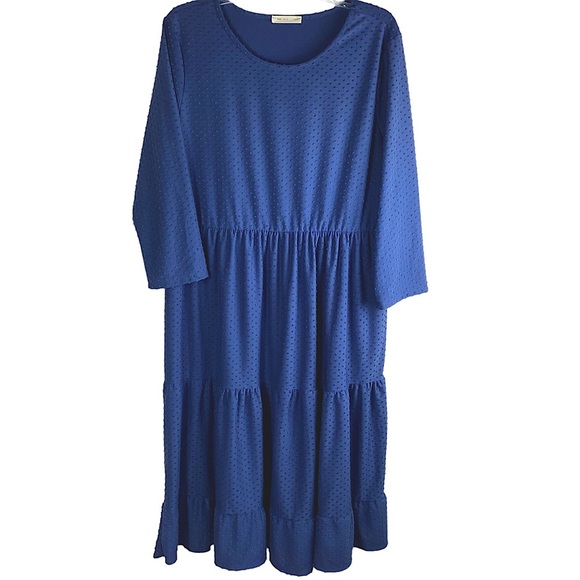 Reb in J Dress Slate Blue Swiss Dot Mid Length Tiered Skirt Long Sleeve Size L - Picture 13 of 14